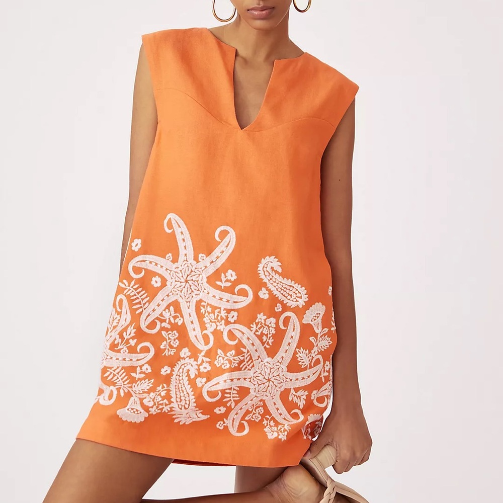 Anthropologie Orange Mini Dress with White Embroidery